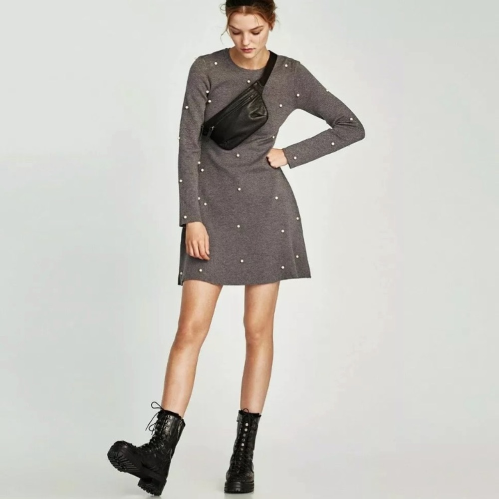 ZARA KNIT COLLECTION SKATER DRESS PEARL BEADS BRAND NEW WITH TAGS SMALL GRAY